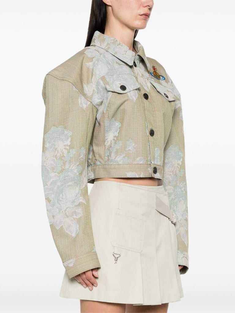 Neutral Floral-jacquard Denim Jacket