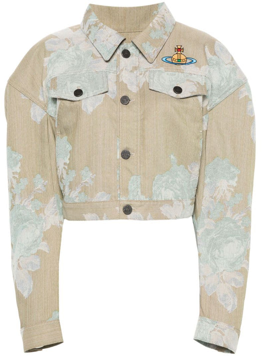 Neutral Floral-jacquard Denim Jacket