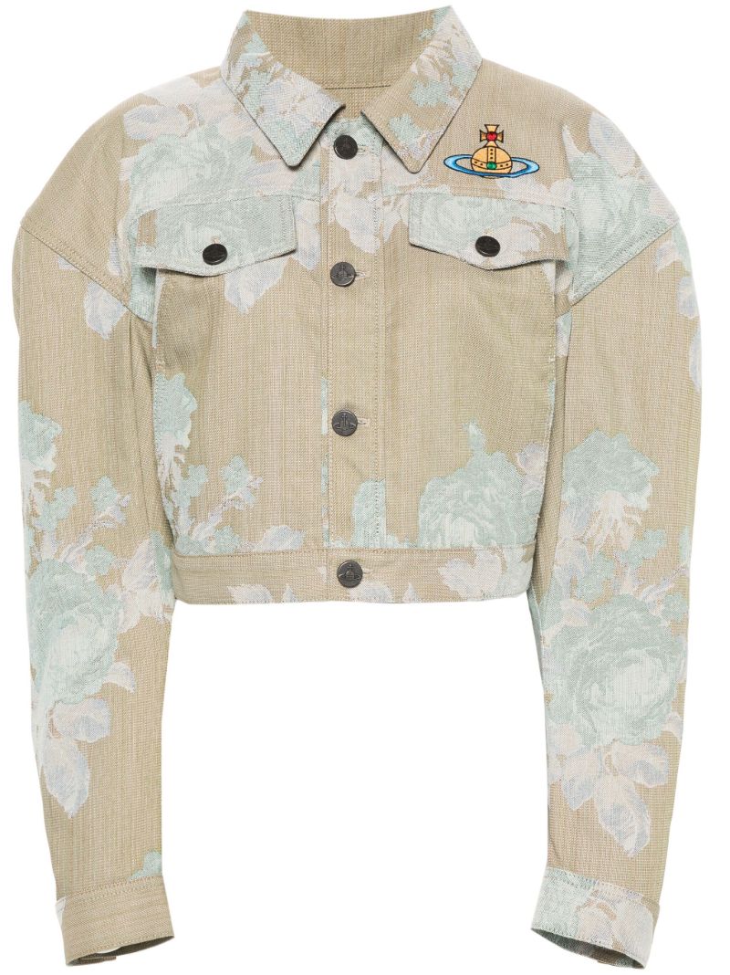 Neutral Floral-jacquard Denim Jacket