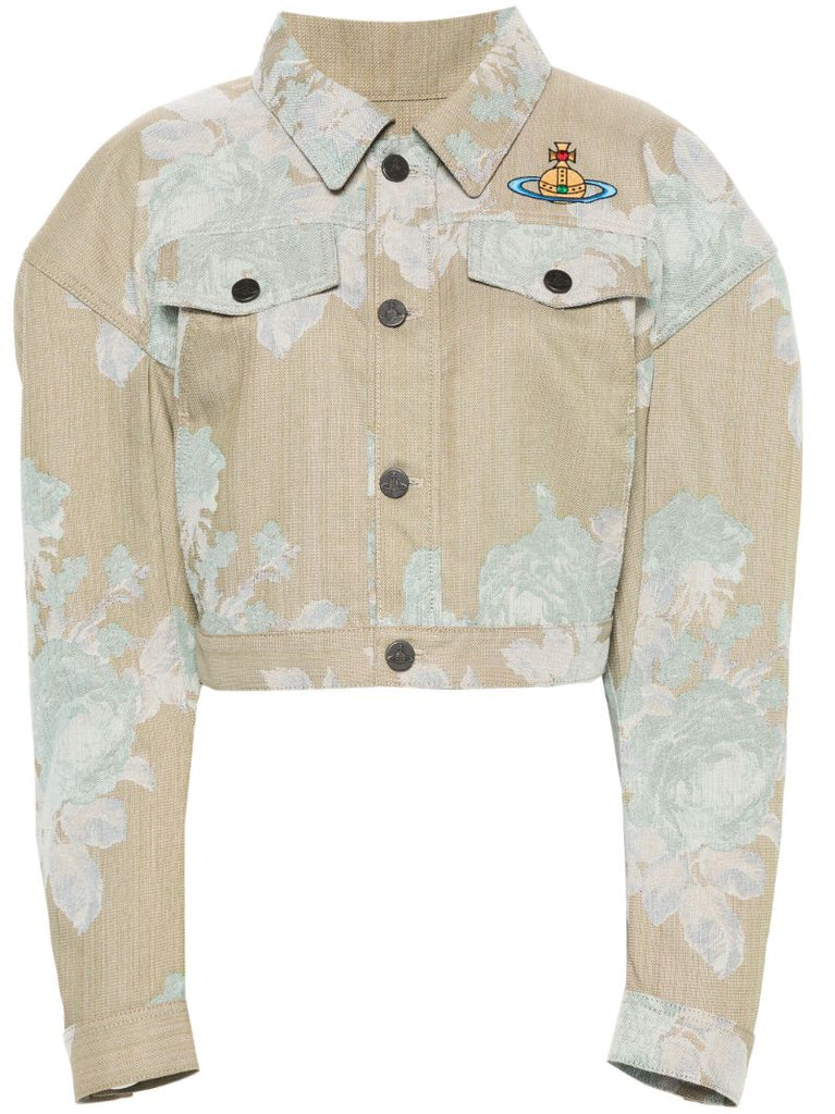 Neutral Floral-jacquard Denim Jacket