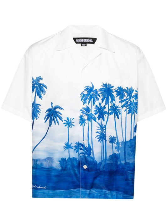 Blue Beach-print Poplin Shirt