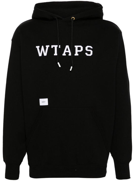 Black Logo Patch Cotton Drawstring Hoodie
