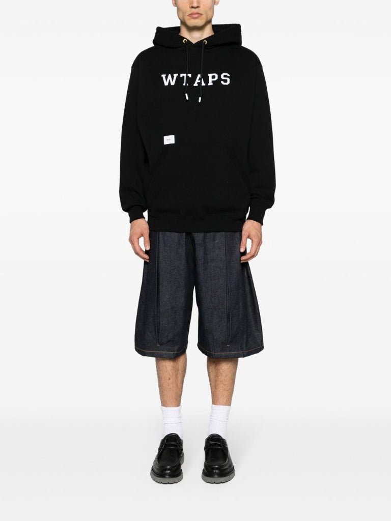 Black Logo Patch Cotton Drawstring Hoodie