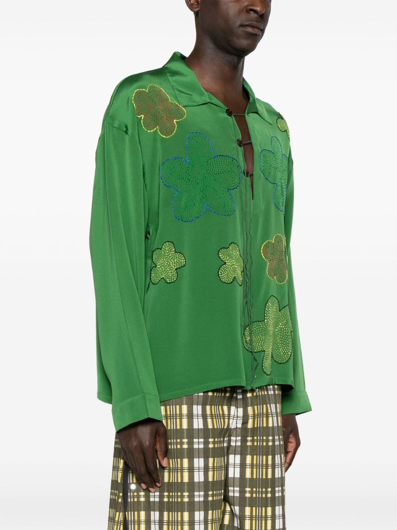 Green Floral-embroidered Silk Shirt
