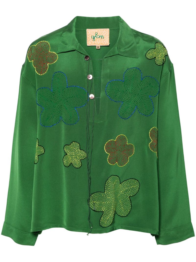 Green Floral-embroidered Silk Shirt