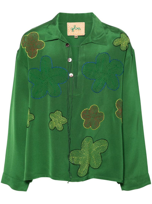 Green Floral-embroidered Silk Shirt