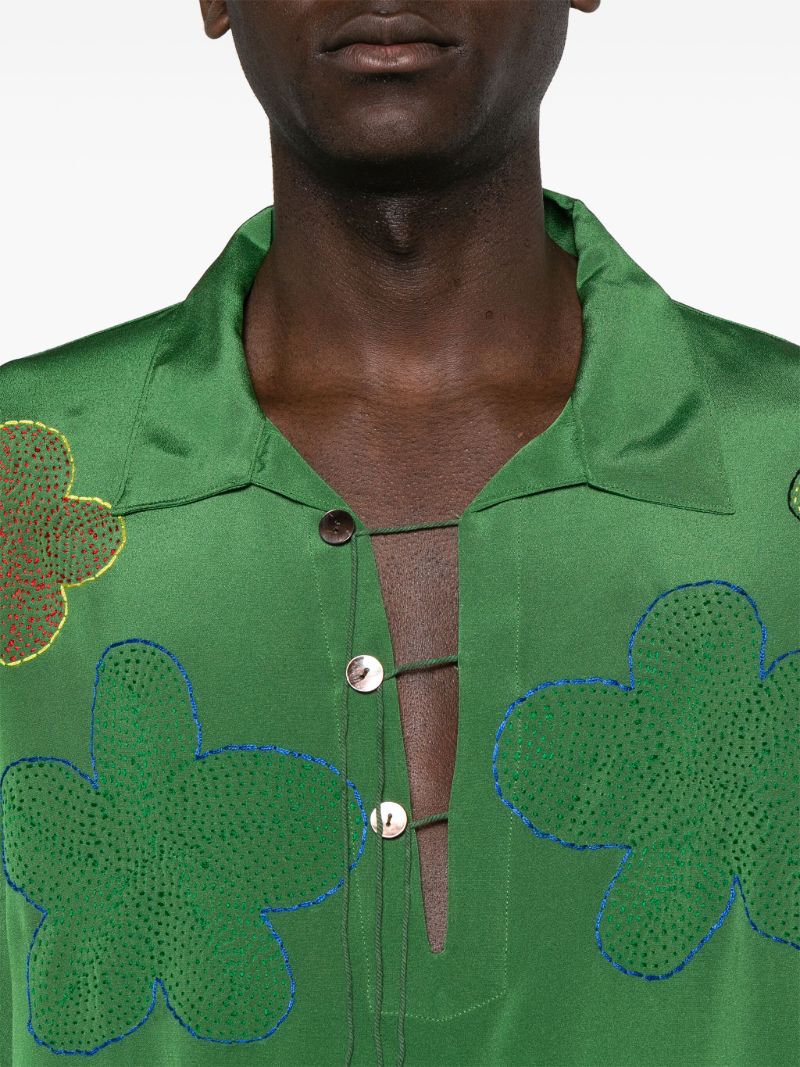 Green Floral-embroidered Silk Shirt