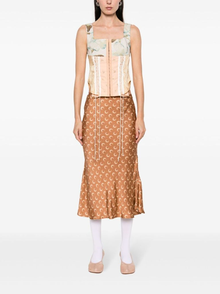 Brown Flou Moon-print Satin Skirt