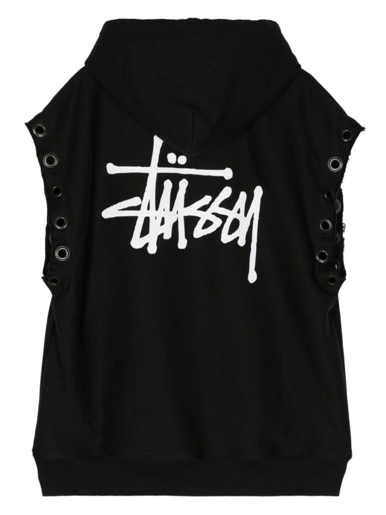 X Stussy Black Logo Print Sleeveless Hoodie