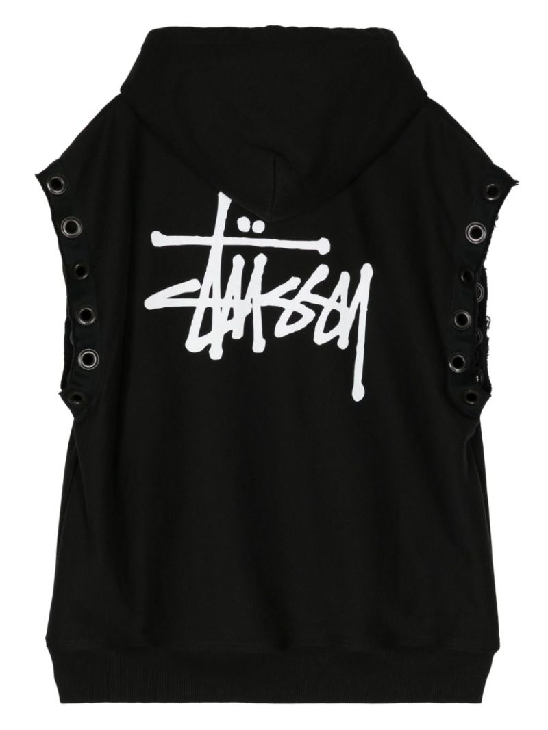 X Stussy Black Logo Print Sleeveless Hoodie