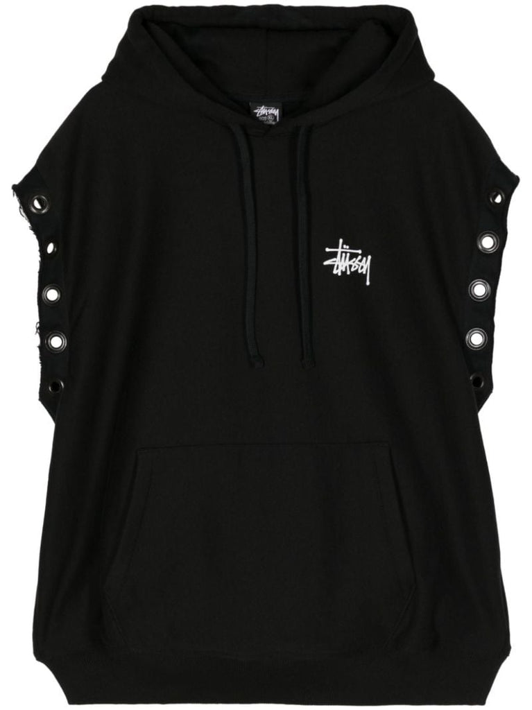 X Stussy Black Logo Print Sleeveless Hoodie