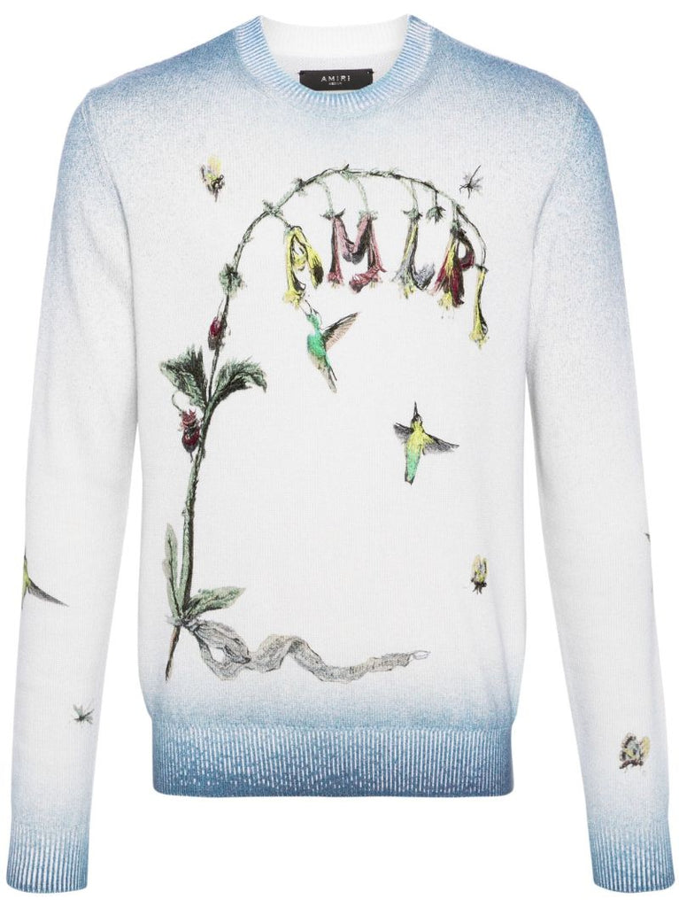 White Hummingbird-embroidered Cotton Sweater