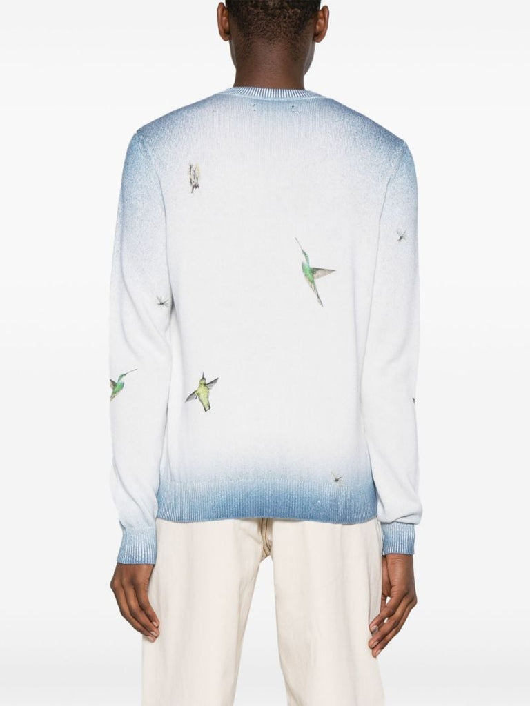 White Hummingbird-embroidered Cotton Sweater