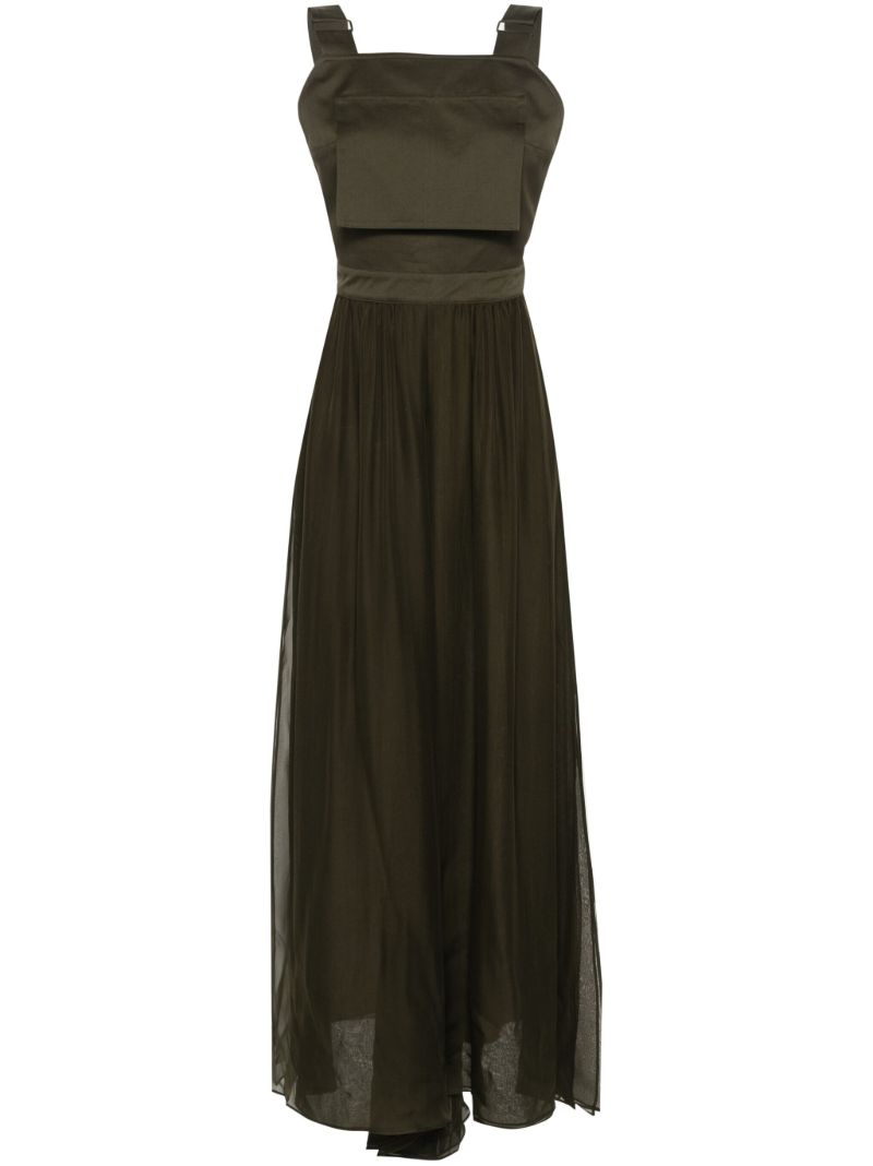 Khaki Green Sleeveless Cotton and Silk Midi Dress