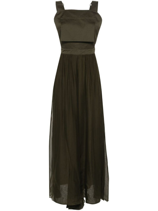 Khaki Green Sleeveless Cotton and Silk Midi Dress