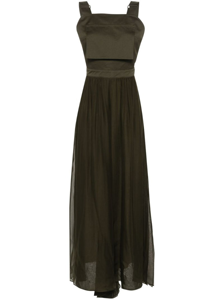 Khaki Green Sleeveless Cotton and Silk Midi Dress
