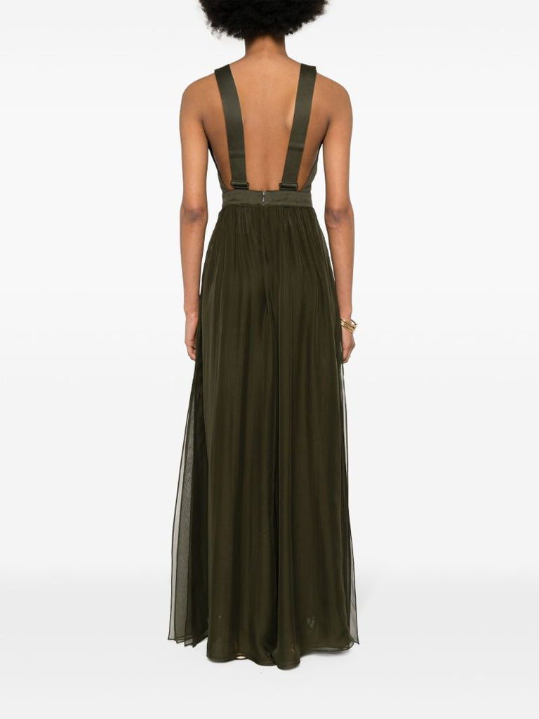Khaki Green Sleeveless Cotton and Silk Midi Dress