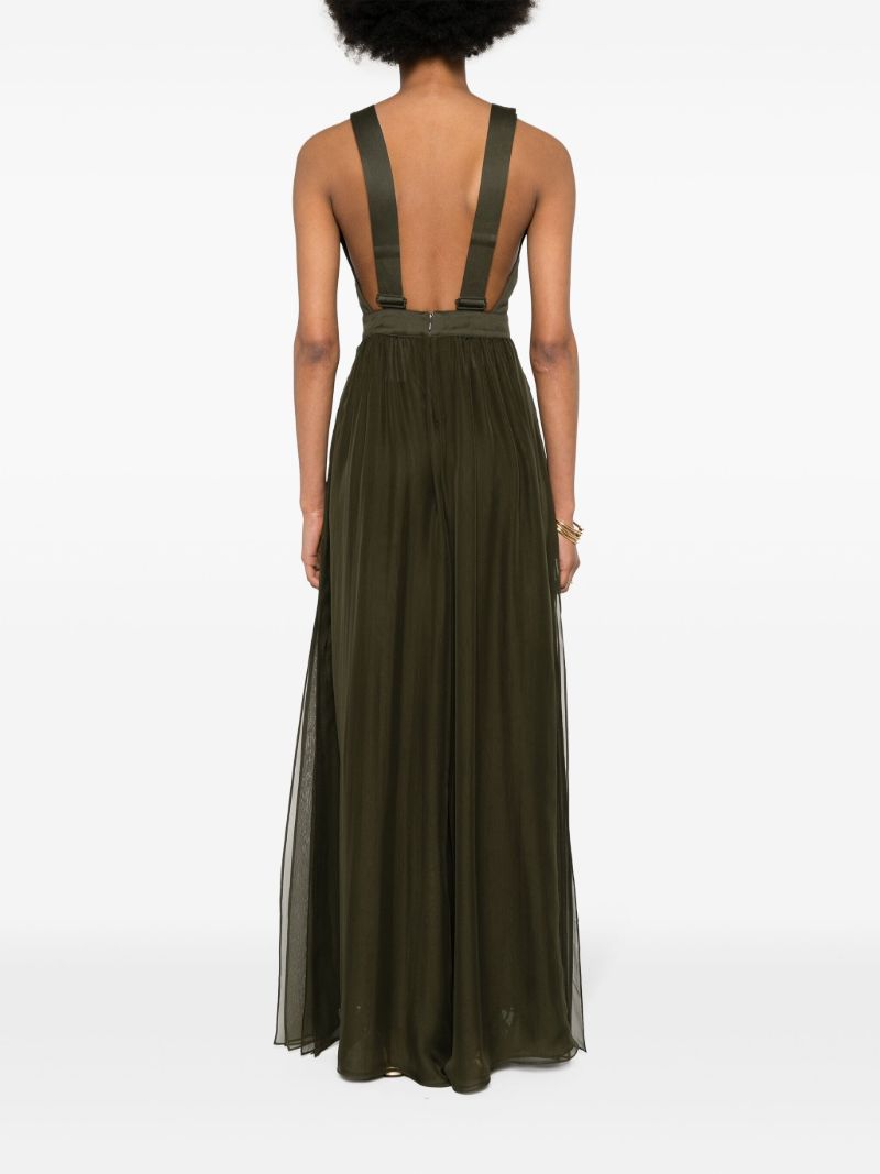 Khaki Green Sleeveless Cotton and Silk Midi Dress