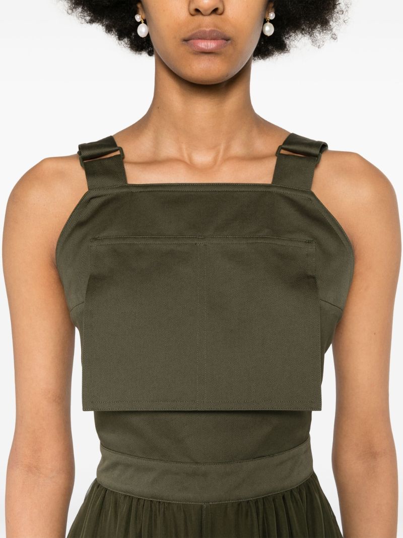 Khaki Green Sleeveless Cotton and Silk Midi Dress