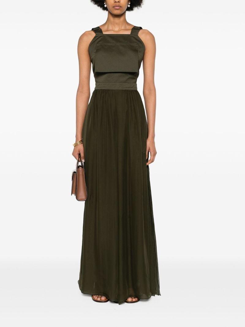 Khaki Green Sleeveless Cotton and Silk Midi Dress