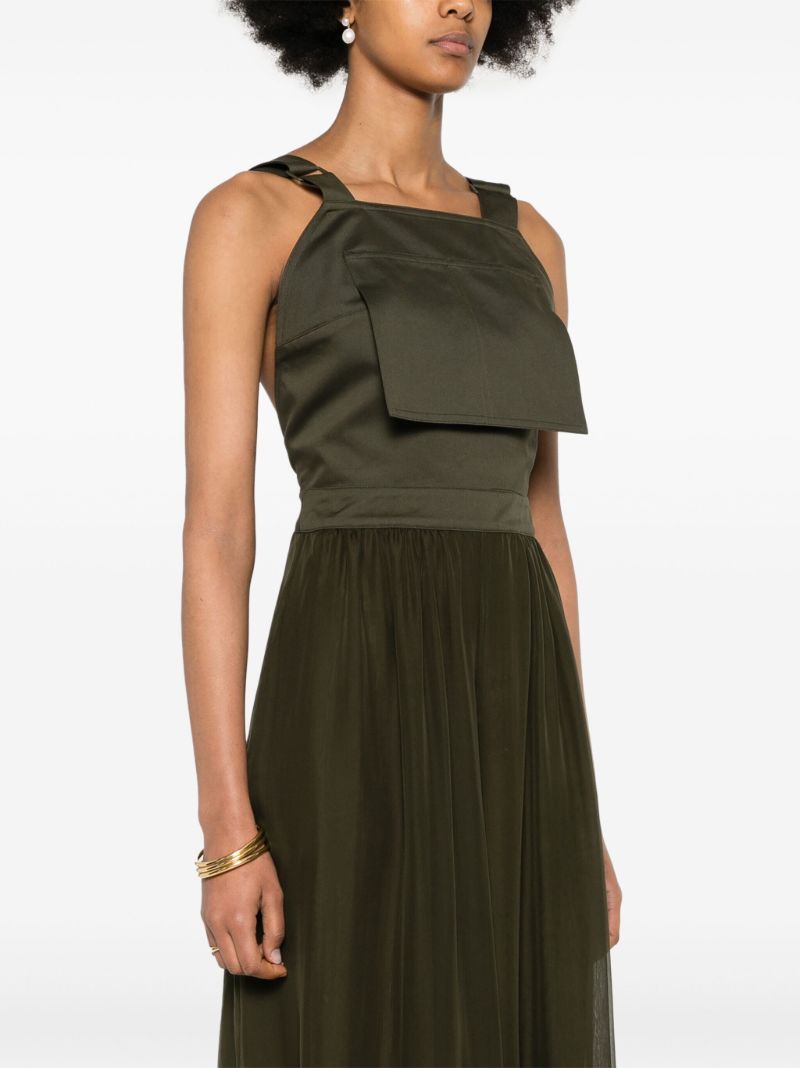 Khaki Green Sleeveless Cotton and Silk Midi Dress