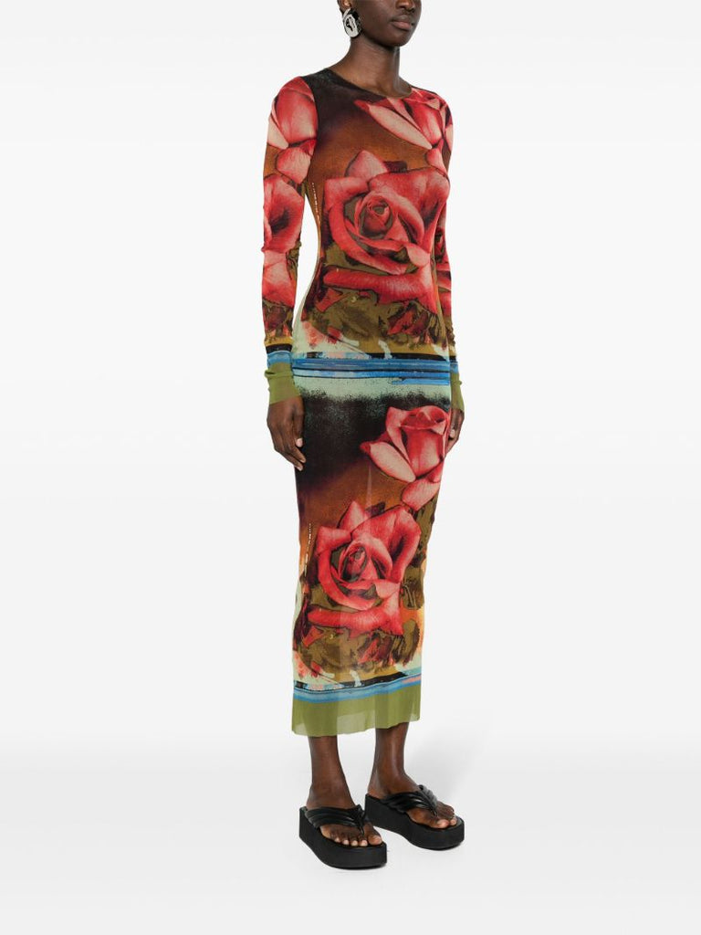 Red Rose-print Midi Dress