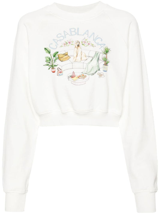 White Logo Print Organic Cotton Cropped Sweatshirt