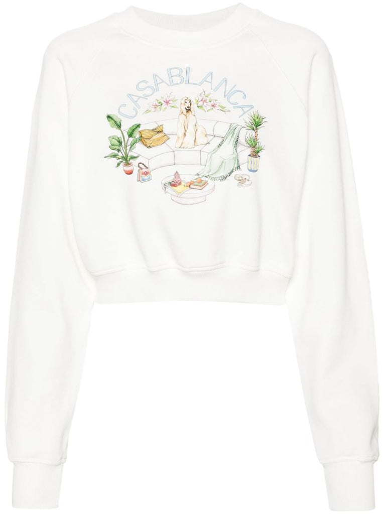 White Logo Print Organic Cotton Cropped Sweatshirt