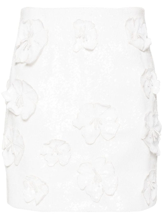 White Floral-appliquÃ_x0083_Â© Sequinned Mini Skirt