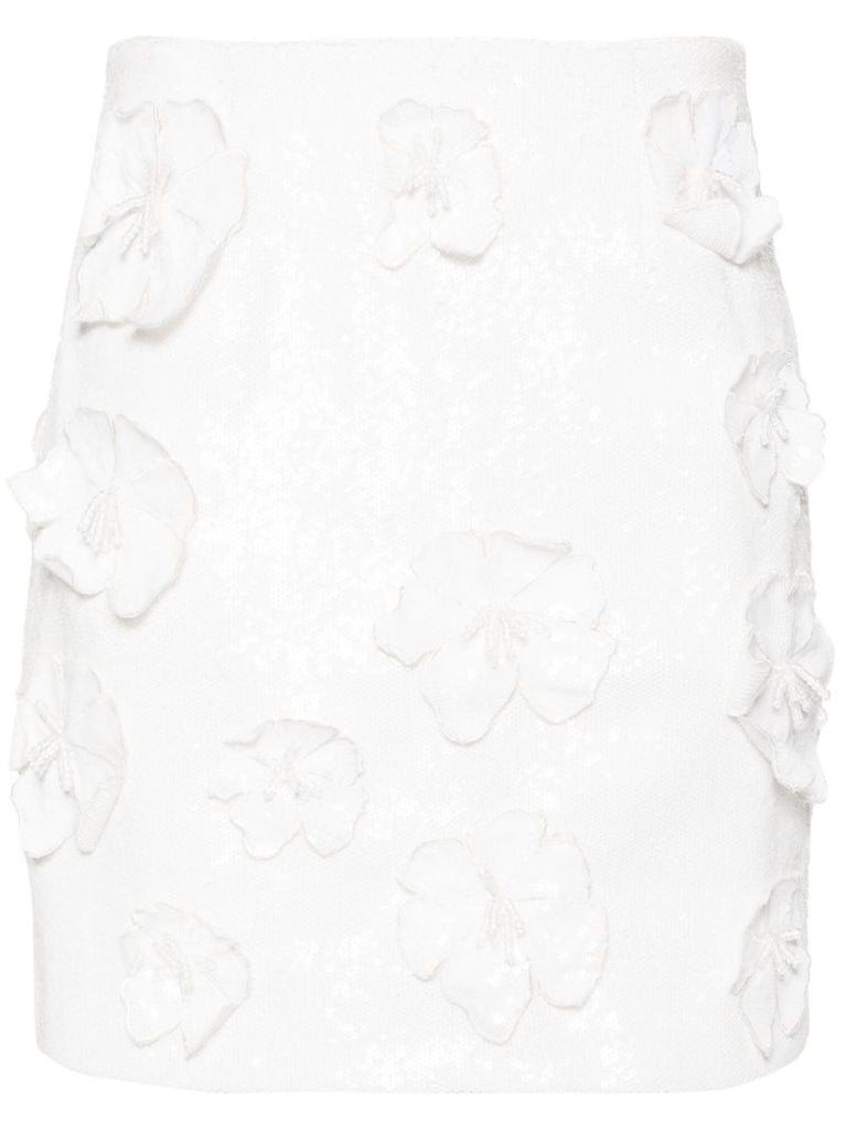 White Floral-appliquÃ_x0083_Â© Sequinned Mini Skirt