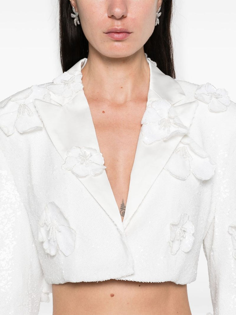 White Floral-appliquÃ_x0083_Â© Cropped Blazer