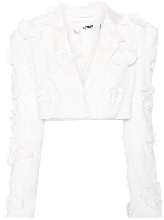 White Floral-appliquÃ_x0083_Â© Cropped Blazer
