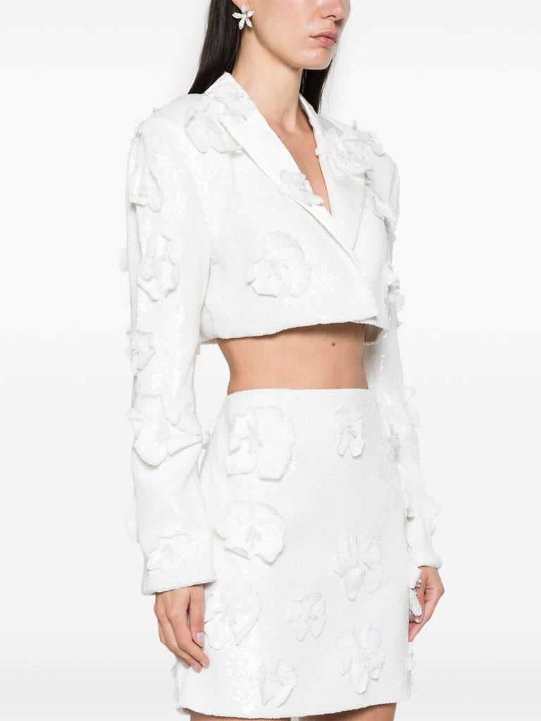 White Floral-appliquÃ_x0083_Â© Cropped Blazer