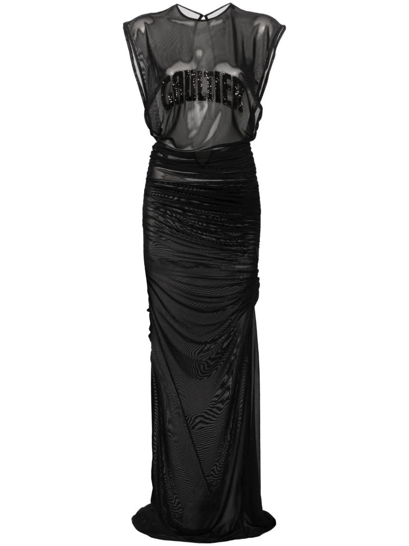 Black Logo-embellished Mesh Gown
