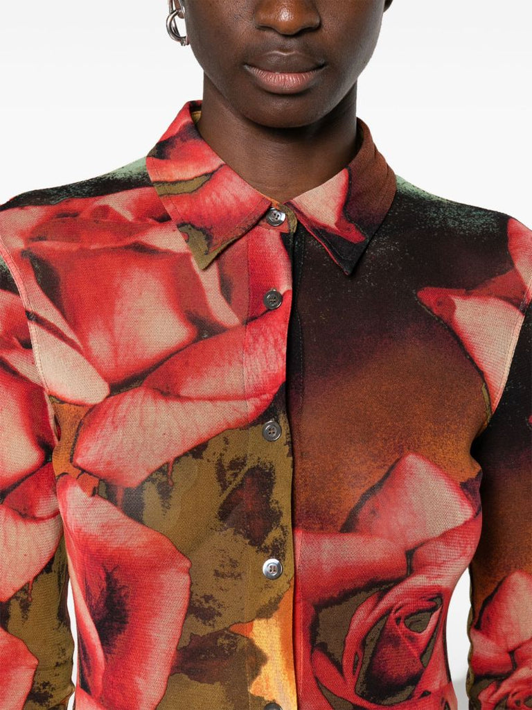 Red Rose-print Mesh Shirt