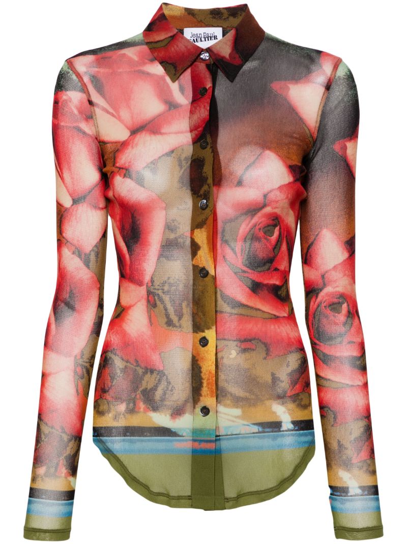 Red Rose-print Mesh Shirt