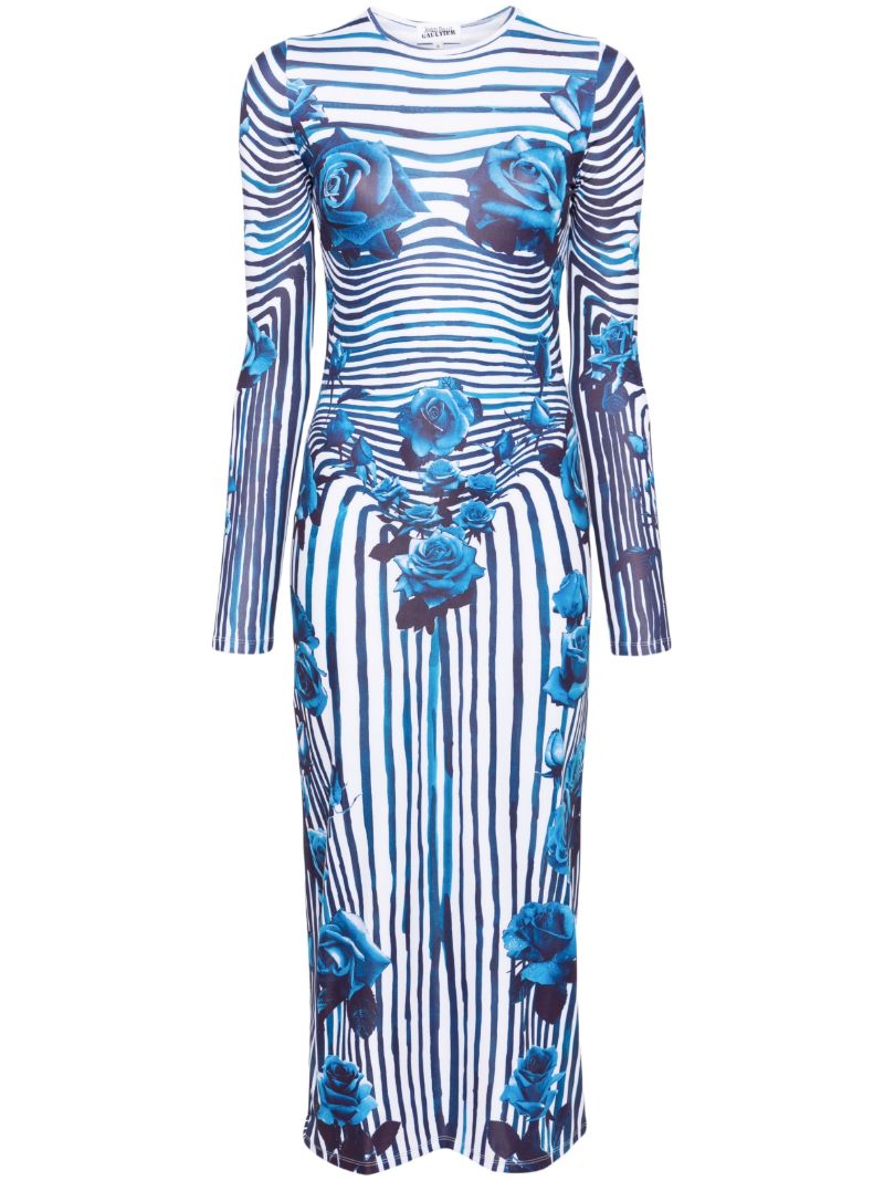 White and Blue Flower Body Morphing Midi Dress