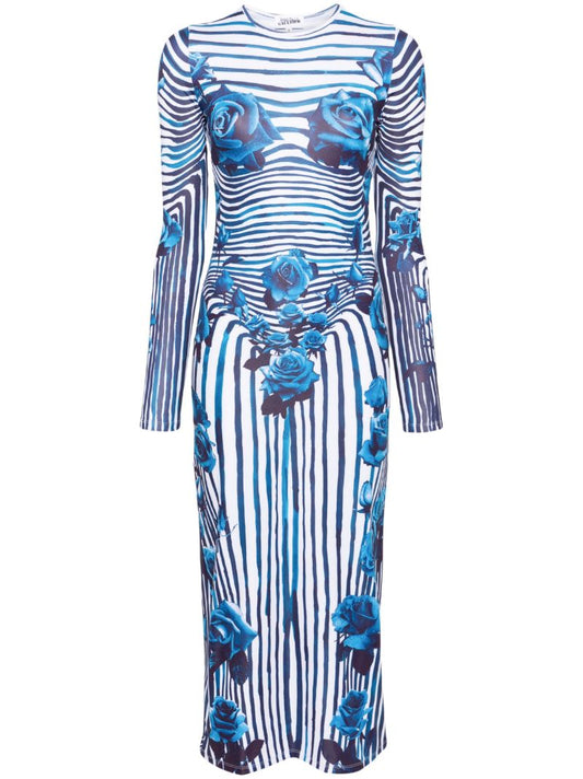 White and Blue Flower Body Morphing Midi Dress