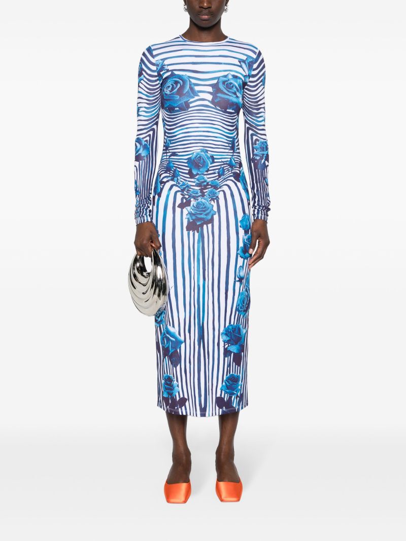 White and Blue Flower Body Morphing Midi Dress