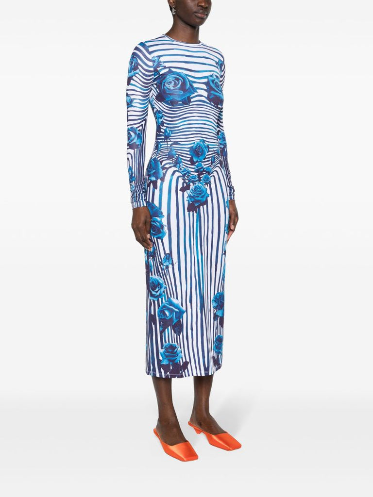 White and Blue Flower Body Morphing Midi Dress