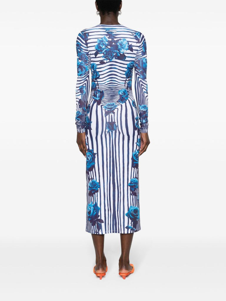 White and Blue Flower Body Morphing Midi Dress