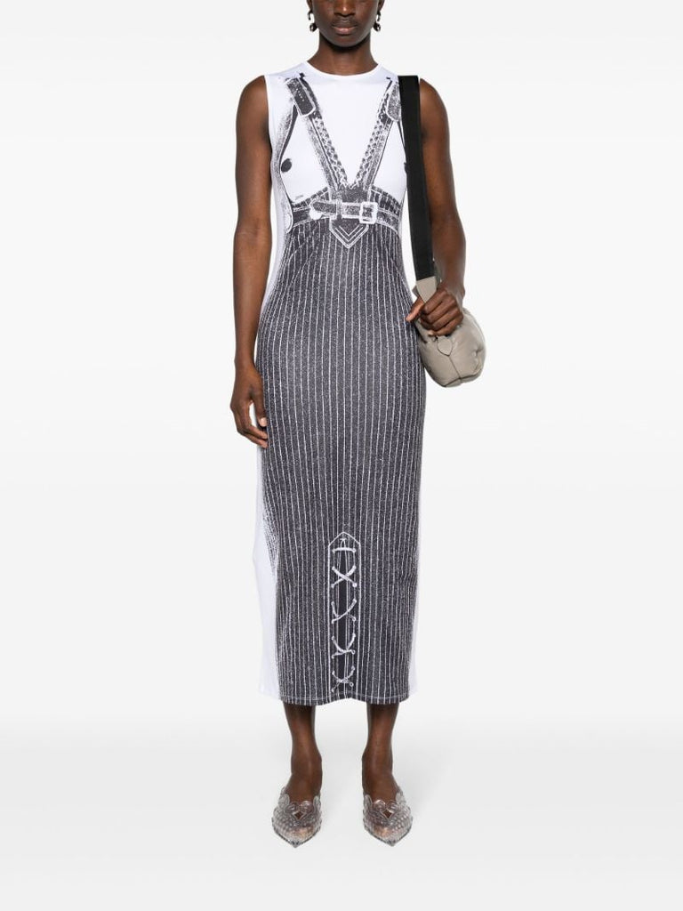 White Trompe L'oeil-print Midi Dress