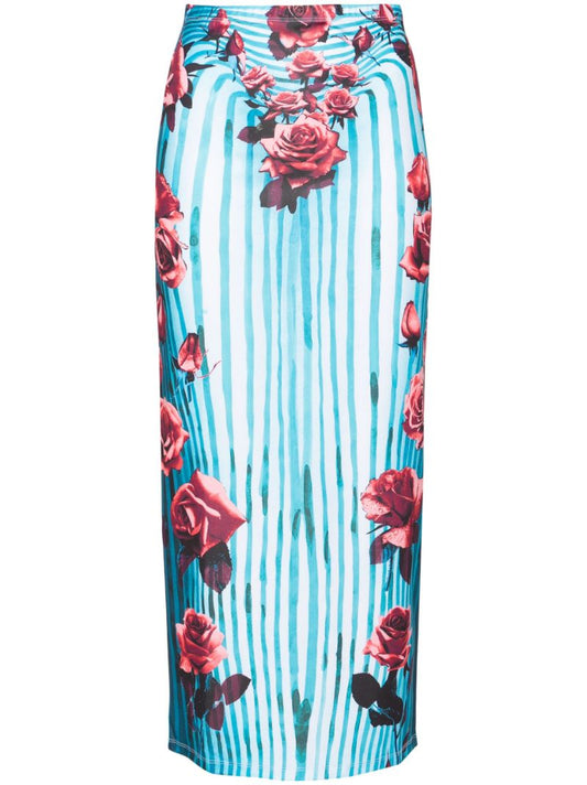 Blue Morphing Rose-print Pencil Skirt