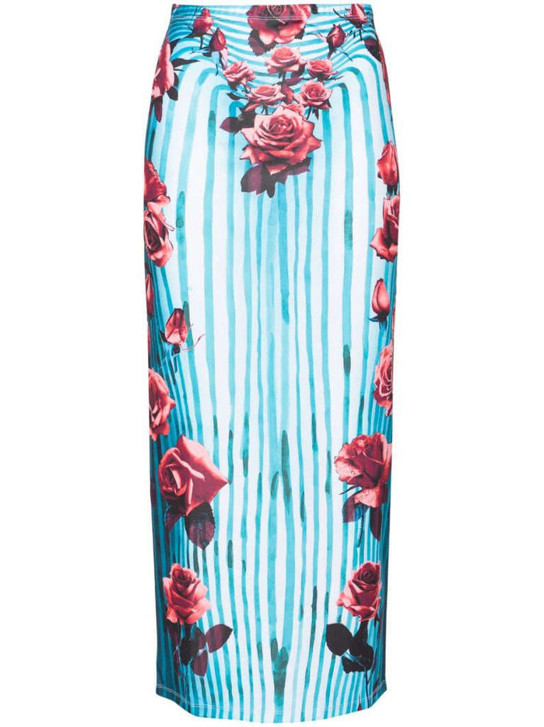 Blue Morphing Rose-print Pencil Skirt