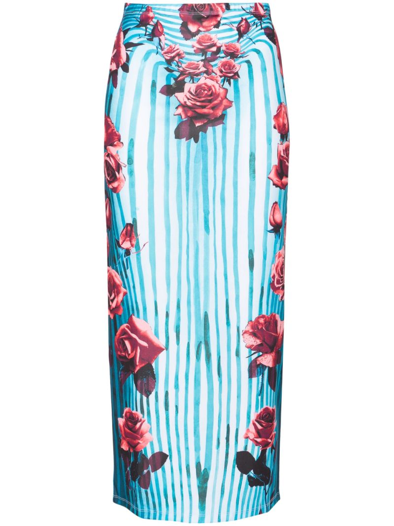 Blue Morphing Rose-print Pencil Skirt