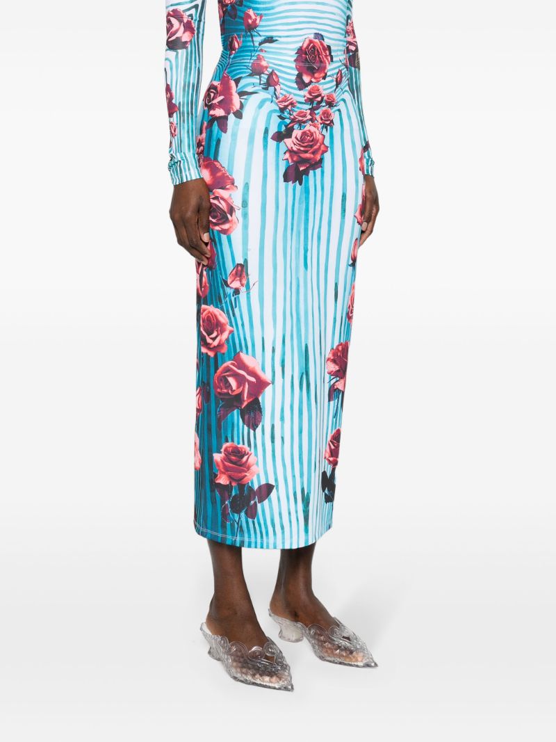 Blue Morphing Rose-print Pencil Skirt