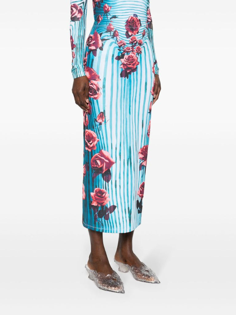 Blue Morphing Rose-print Pencil Skirt