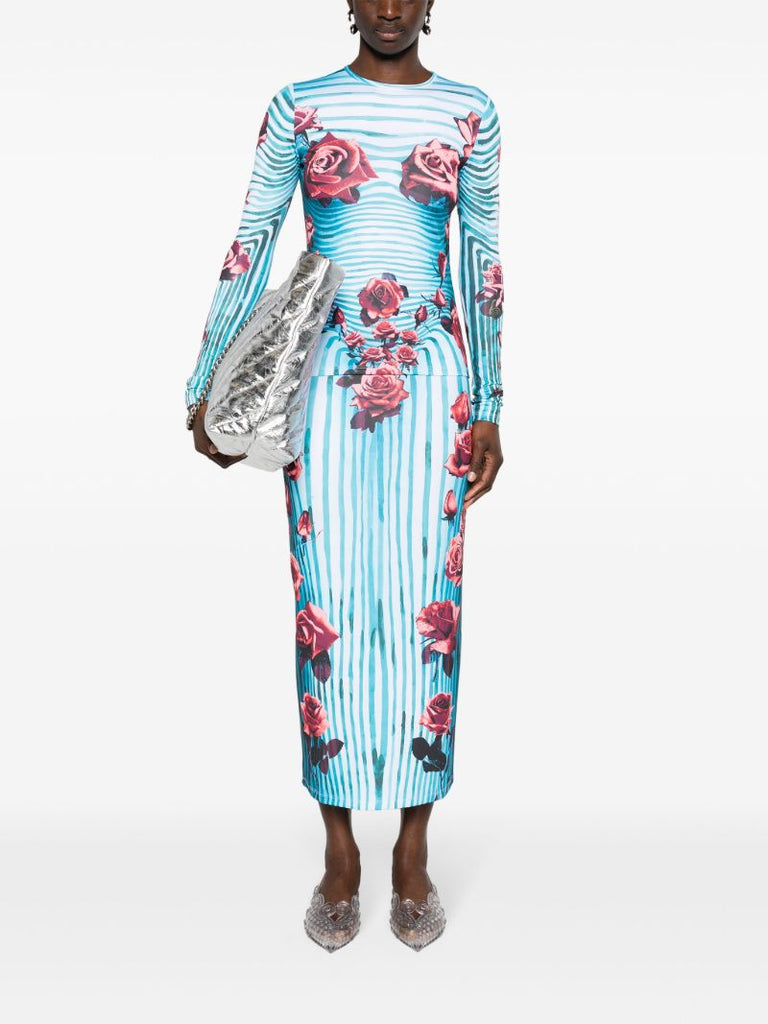 Blue Morphing Rose-print Pencil Skirt