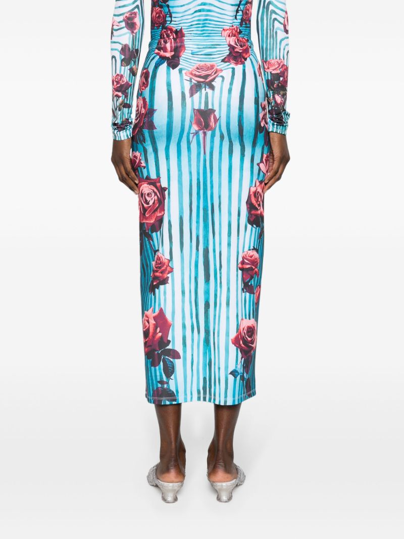 Blue Morphing Rose-print Pencil Skirt
