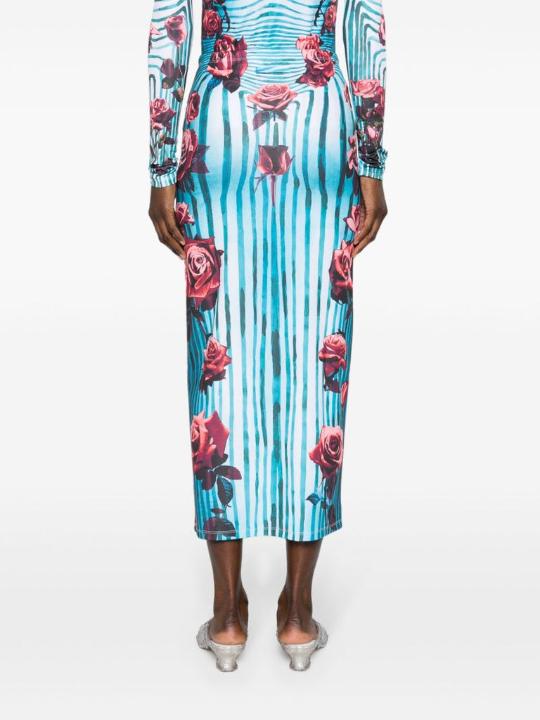 Blue Morphing Rose-print Pencil Skirt